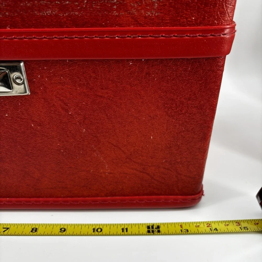 Red Orange Train Vanity Case Vintage Luggage Sesame Lined Snap Closing
